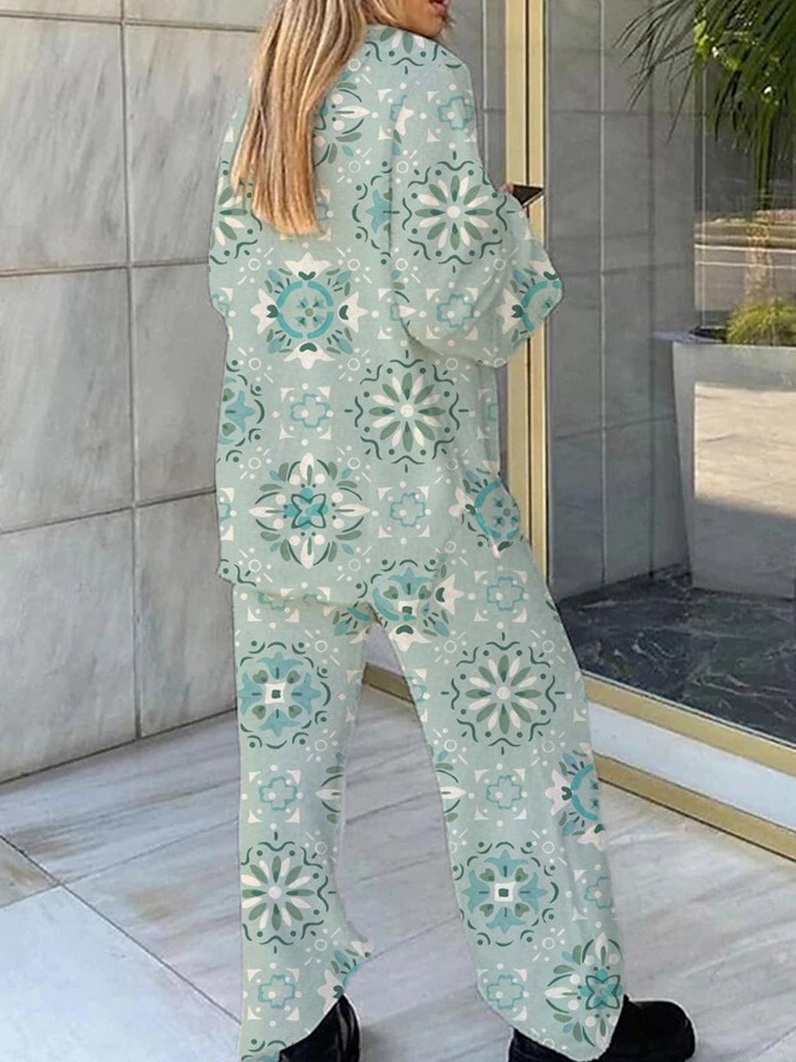 Women's Bohemian Pattern V-Neck Long Sleeve Pants Set