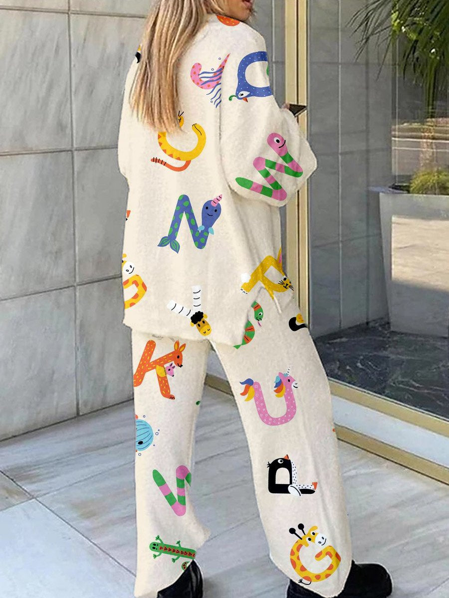 Women's Simple Alphabet Animal Print Polar Fleece Suit