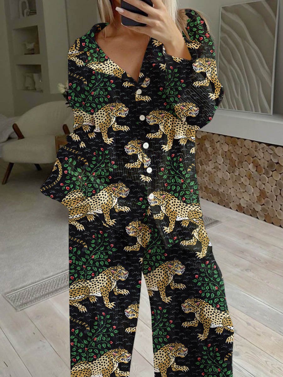 Women's Artistic Hand-Painted Leopard Plant Pattern Long Sleeve Pants Set