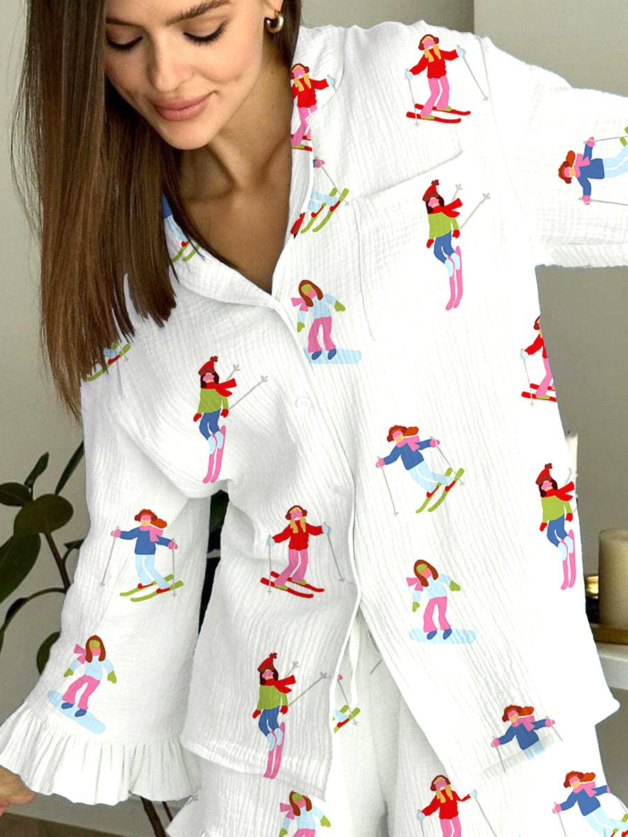 Women's Colorful Holiday Ski Print Pajama Set