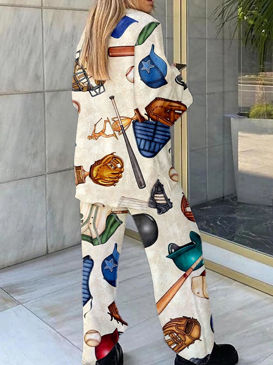 Women's Retro Baseball Print Polar Fleece Suit