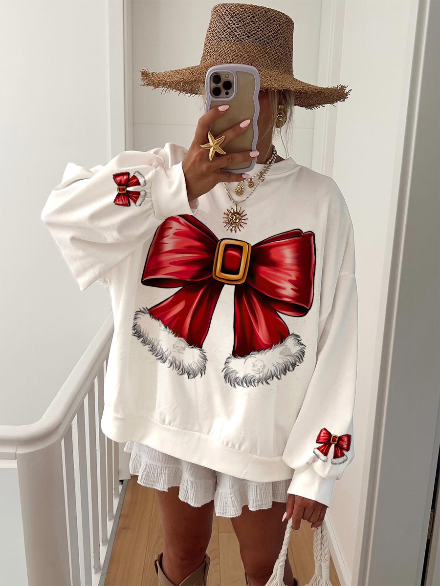 Women's Cotton Christmas Bow Printed Home Long Sleeve Sweater