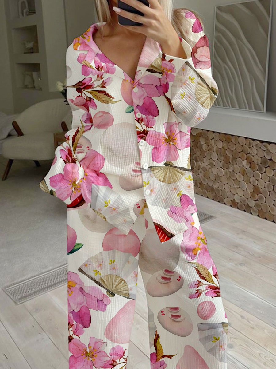 Women's Sakura Rabbit Watercolor Printed Cotton Cardigan Lounge Suit