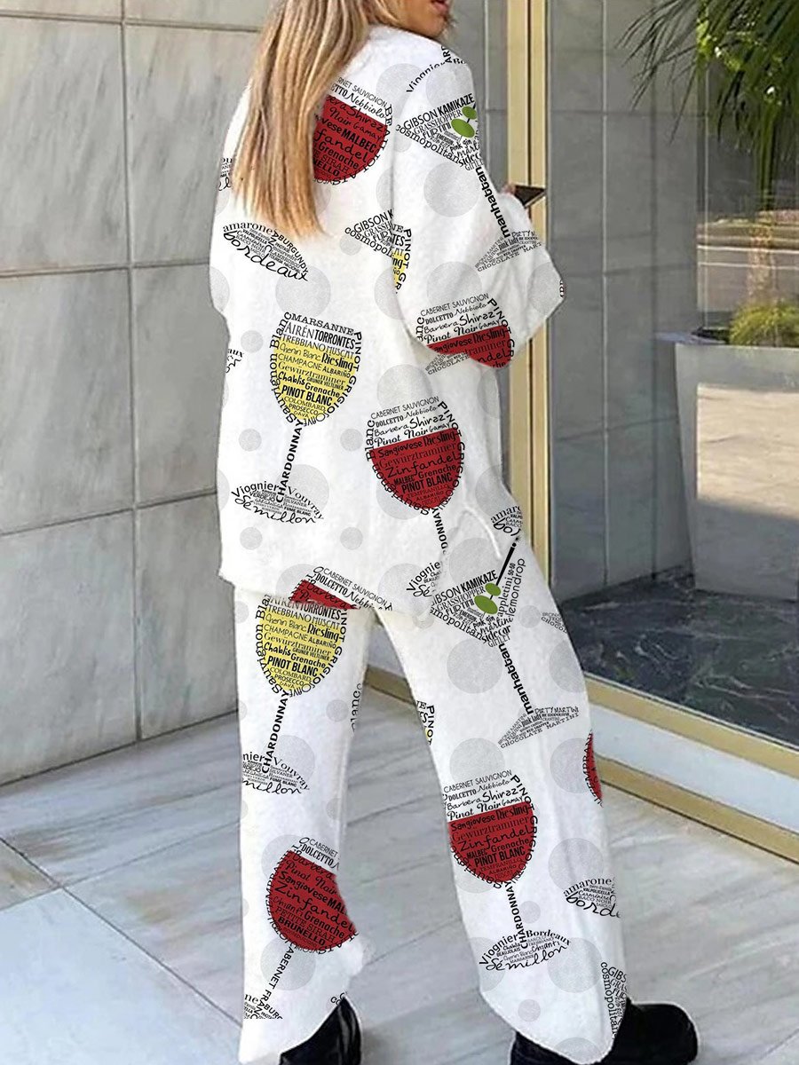 Women's Artistic Red Wine Glass Pattern V-Neck Long Sleeve Pants Suit