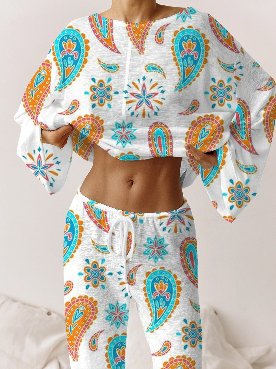 Women's Bohemian Paisley Long Sleeve Trousers Round Neck Suit