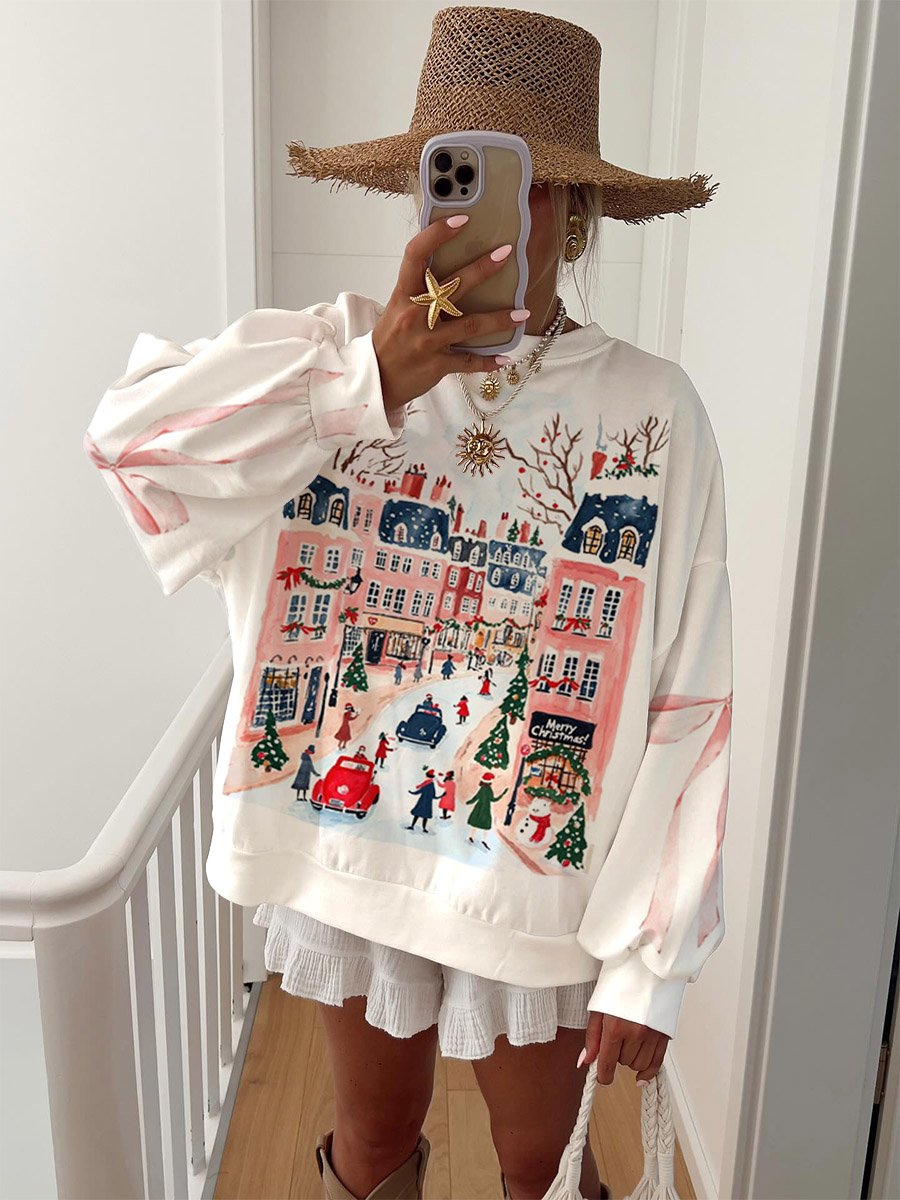 Women's London Christmas Holiday Street Scene Watercolor Print Pullover Sweatshirt