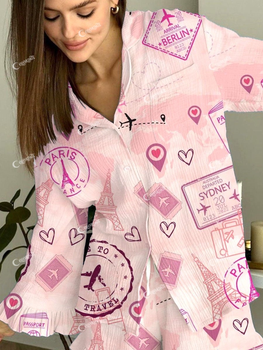 Women's Paris Travel Pink Pajama Set