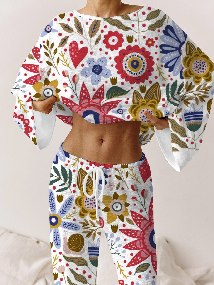 Women's Bohemian Art Floral Print Lounge Long Sleeve Suit