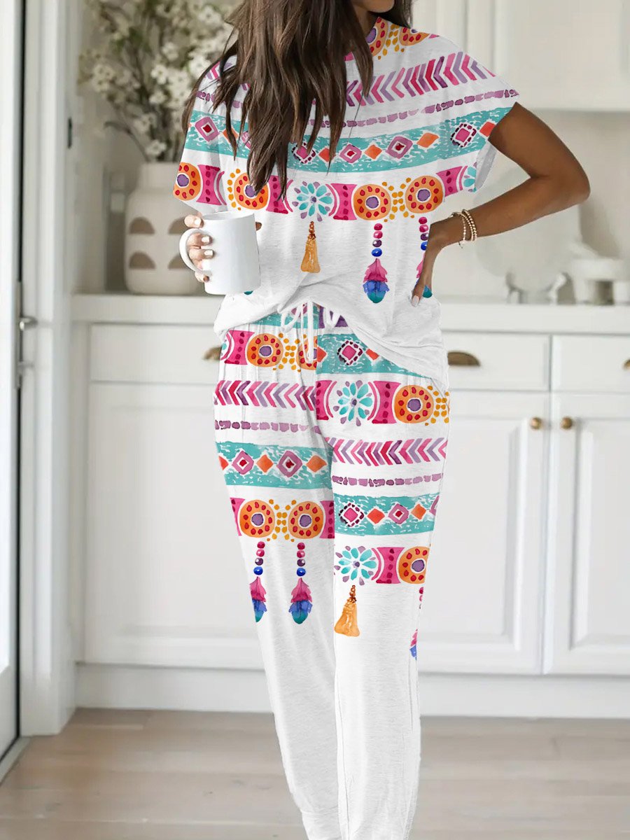 Women's Bohemian Tassel Print Short Sleeve Homewear Set