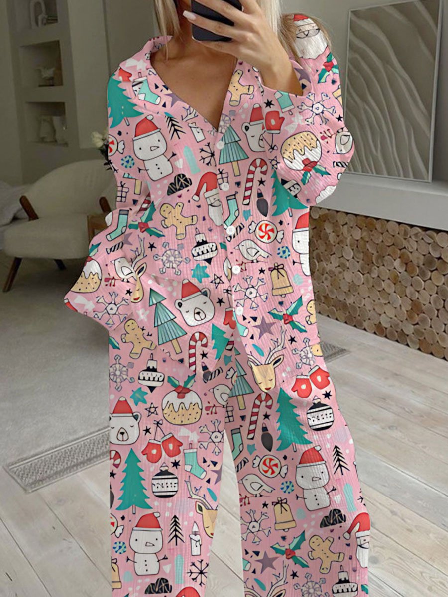 Women's Pink Christmas Cute Snowman Print Loose Home Clothes Set