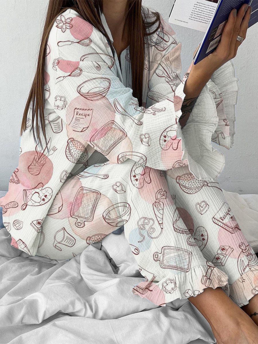 Women's Watercolor Kitchen Baking Pattern Ruffle Long Sleeve Pant Set