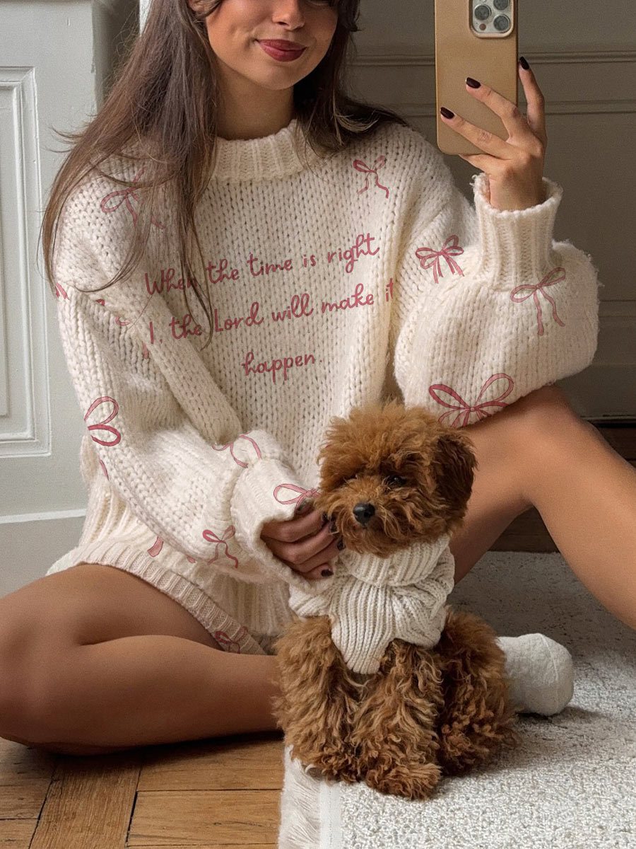 Women's Text Bow Pattern Round Neck Long Sleeve Sweater