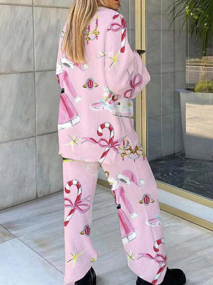 Women's Pink Christmas Print V-Neck Long Sleeve Cotton Suit