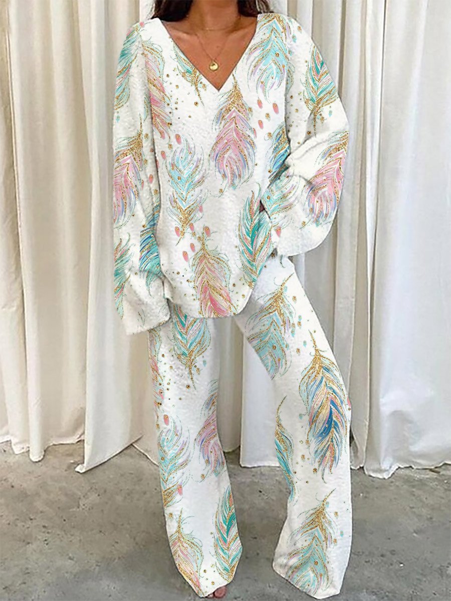 Women's Colorful Feather Printed Long Sleeve Home Suit