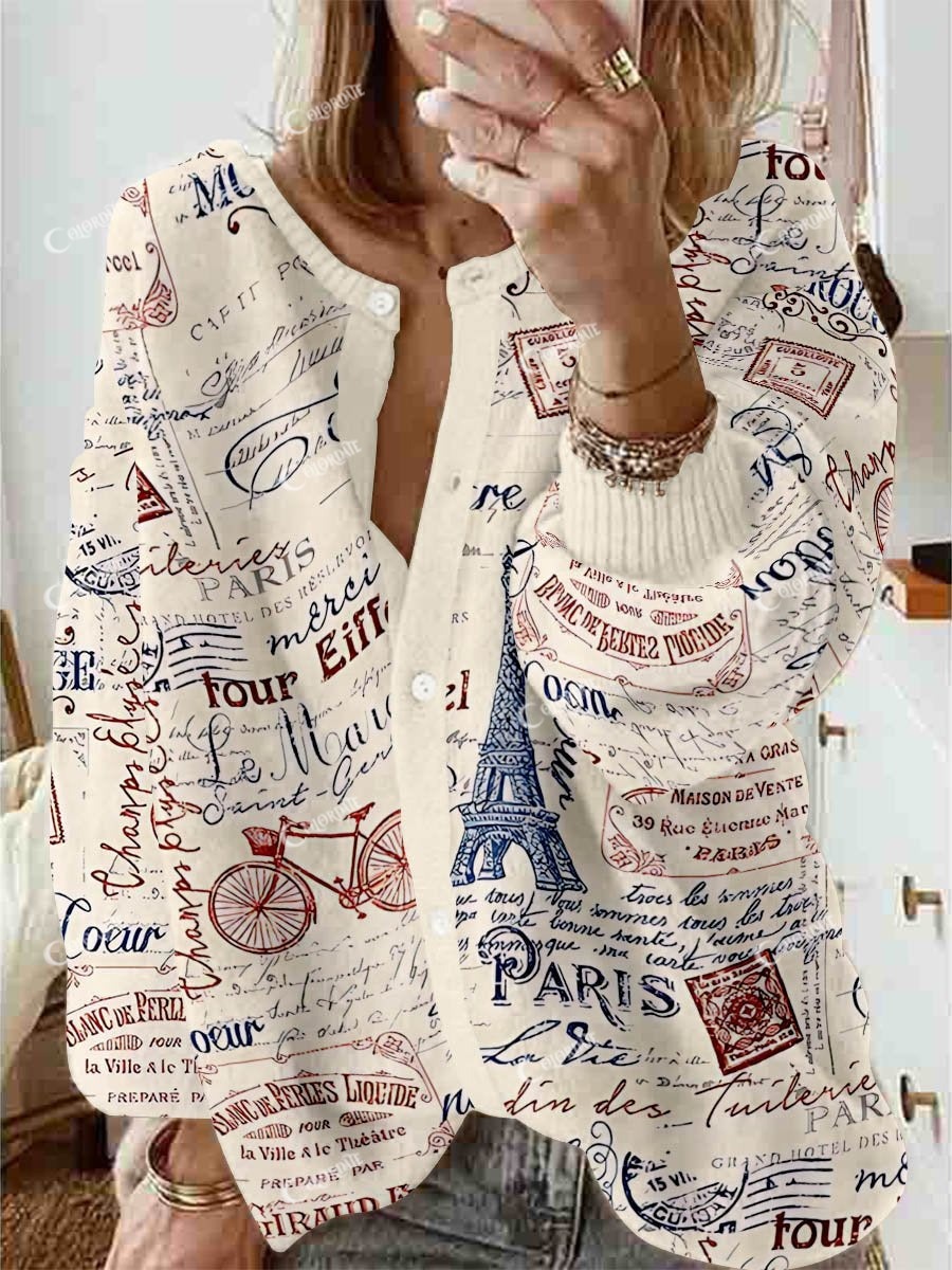 Women's Vintage Travel Paris Print Long Sleeve Cardigan Sweater