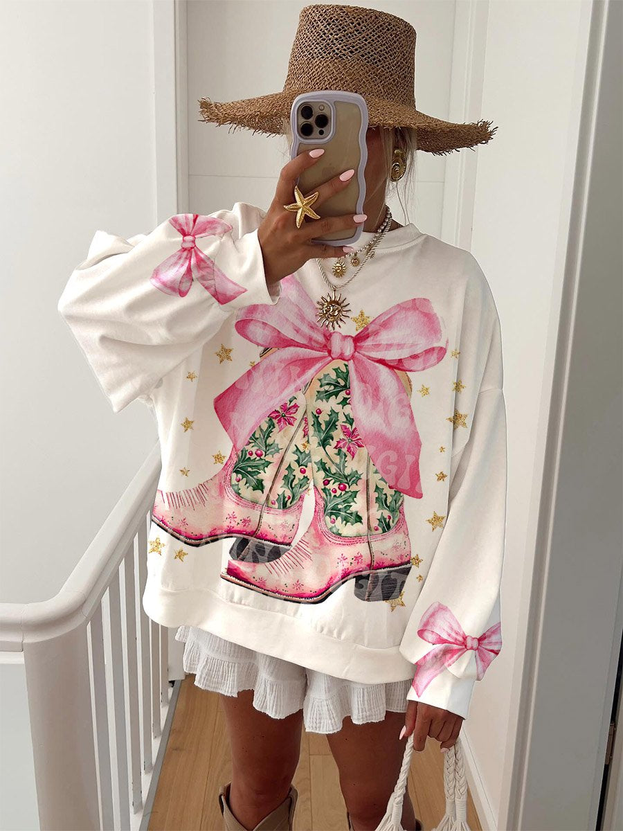 Women's Christmas Texas Cowboy Boots and Pink Bow Hoodie