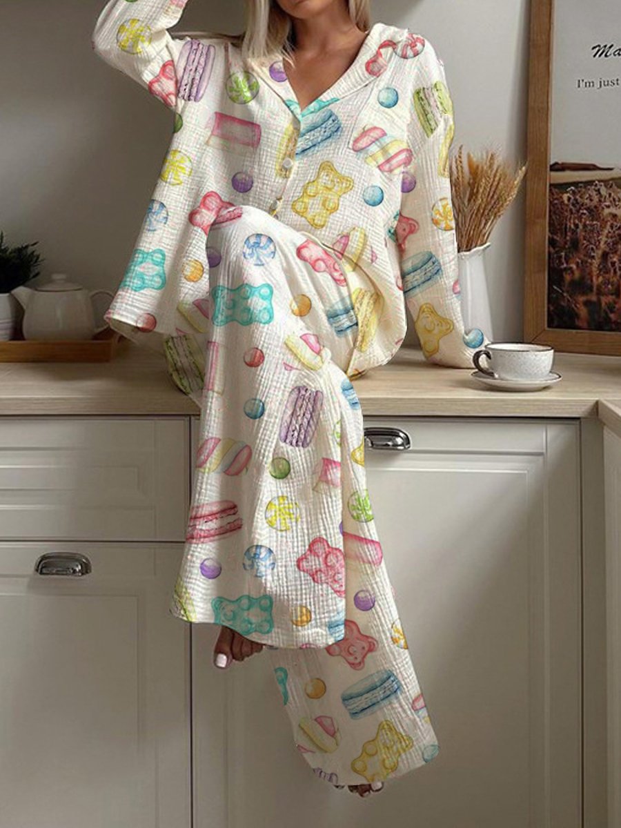 Women's Macaron Dessert Pattern Long Sleeve Pants Set