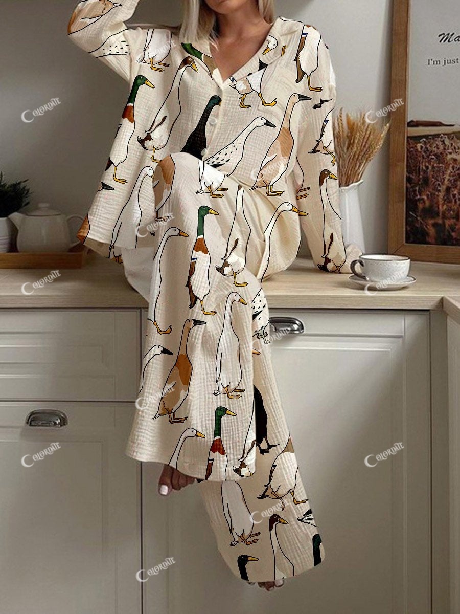 Women's Ranch Duck Print Cardigan Loungewear Set