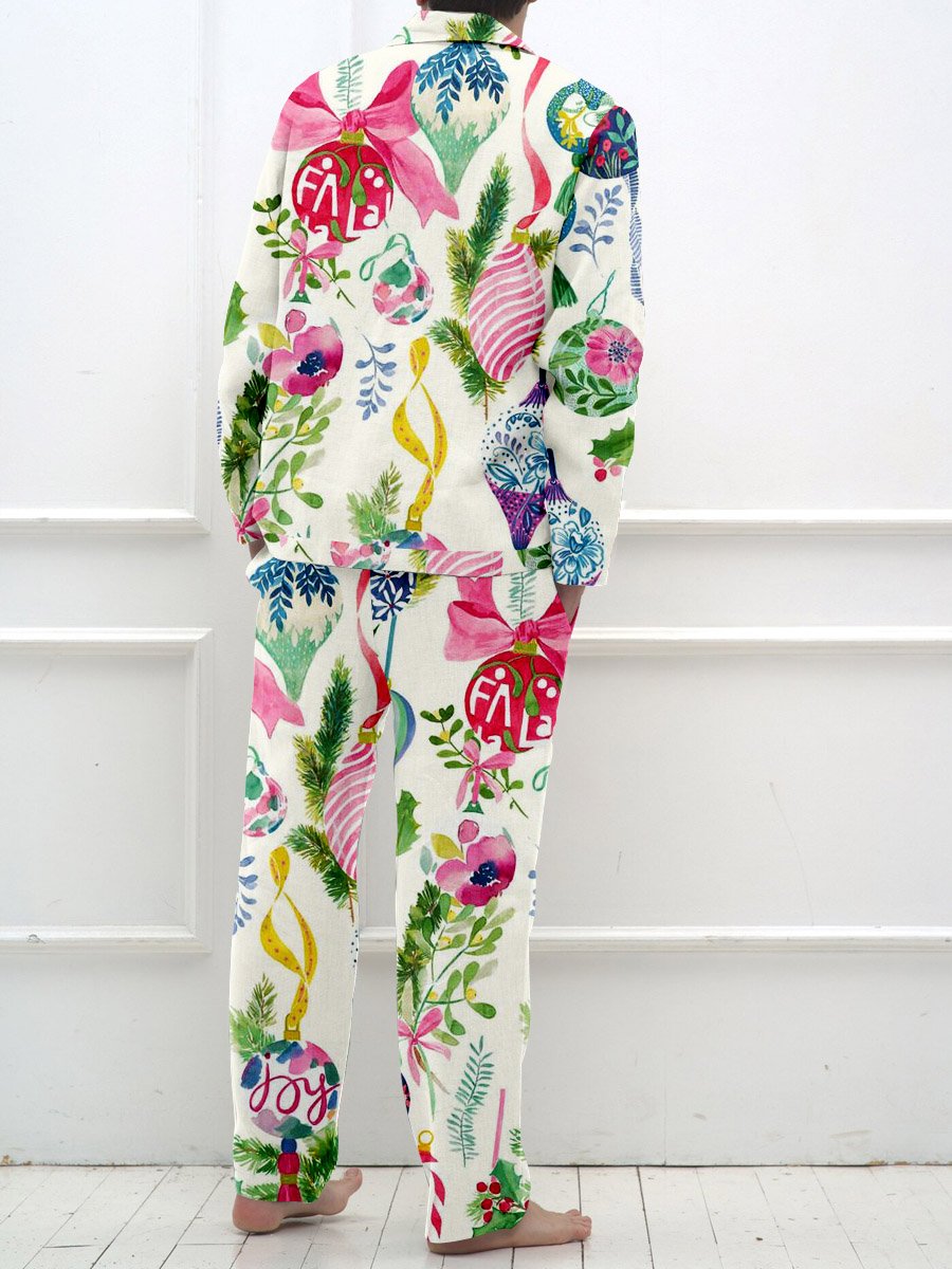 Men's Vintage Christmas Lights Watercolor Print Long Sleeve Long Pants Pajama Set