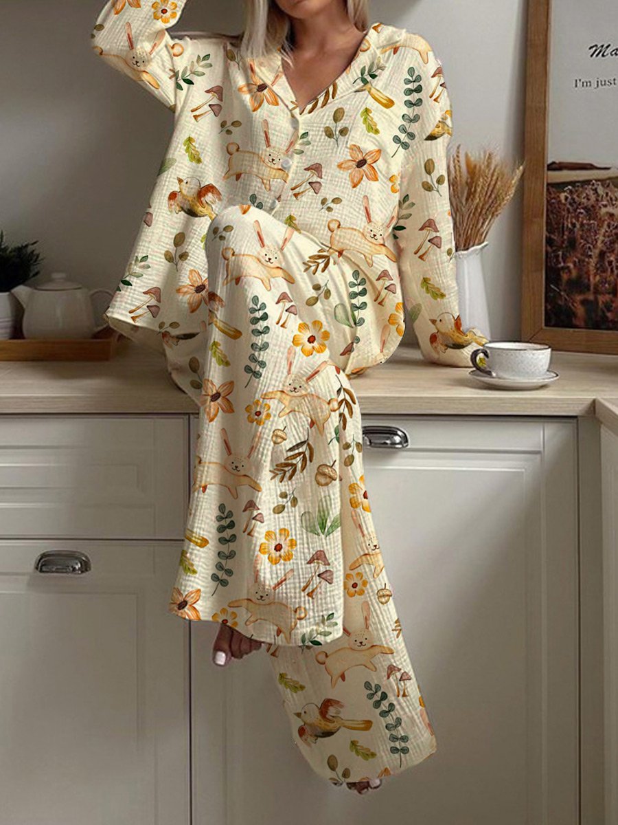 Women's Cute Animal Art Floral Print Home Long Sleeve Suit