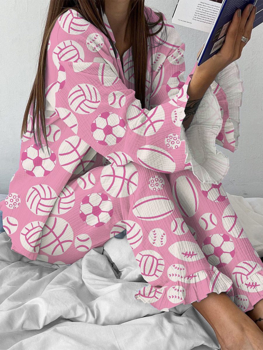 Women's Ball Sports Pattern Ruffled Long Sleeve Pant Set