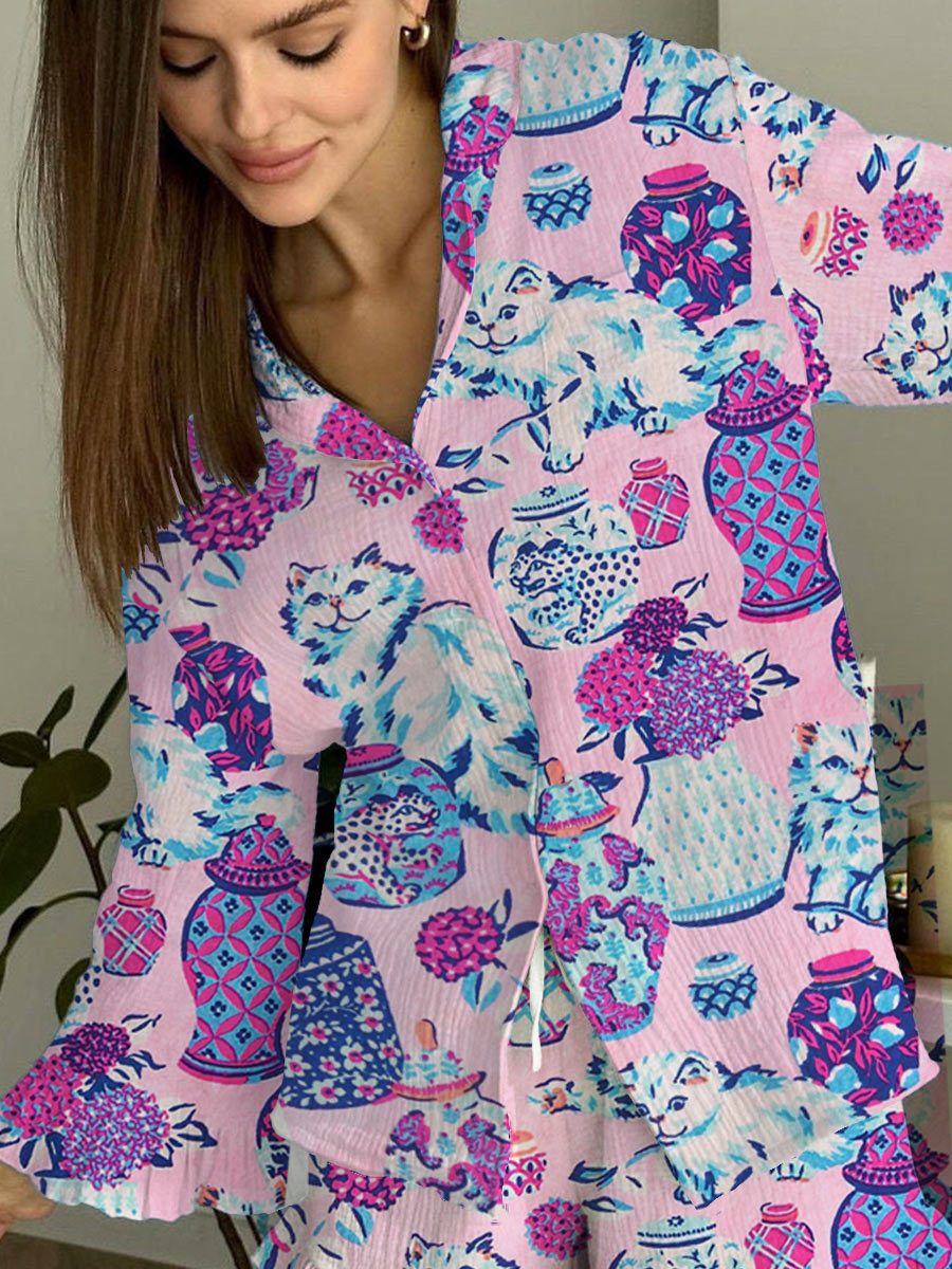 Women's Pink Artistic Floral Cute Animal Print Home Long Sleeve Suit