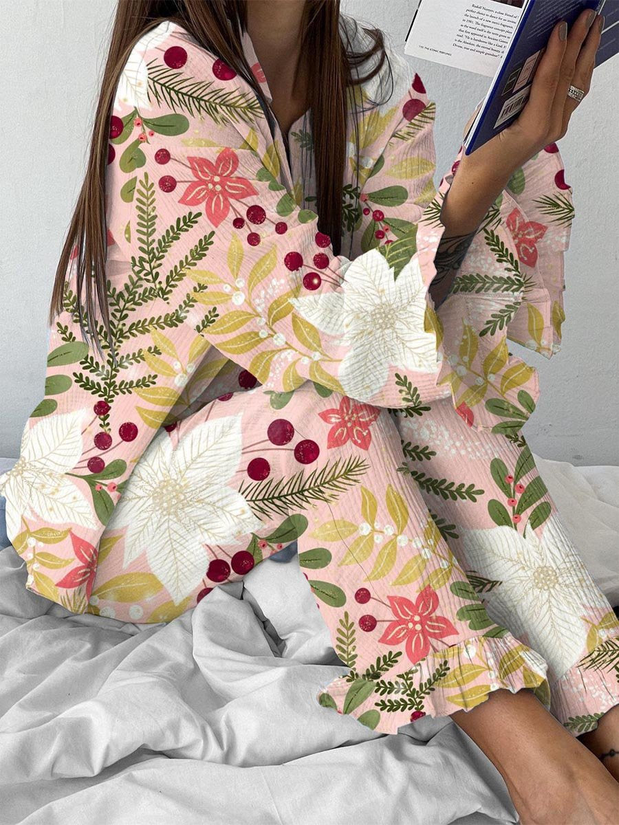 Women's Pink Christmas Poinsettia Pajama Set