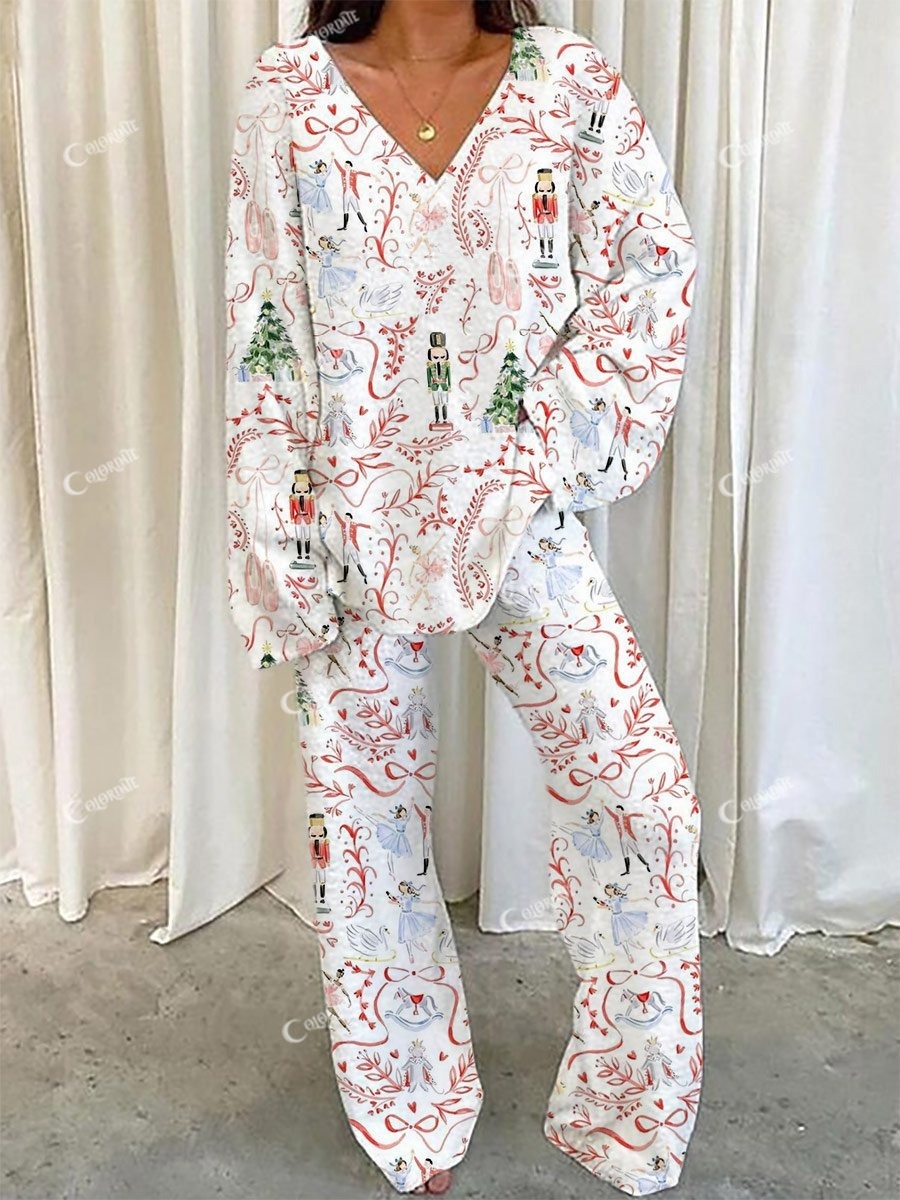 Women's Christmas Nutcracker Printed Lounge Long Sleeve Suit
