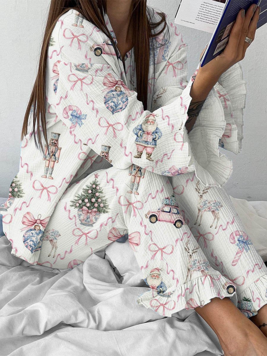 Women's Christmas Pink Bow Ribbon Fun Christmas Pattern Ruffle Long Sleeve Pants Set
