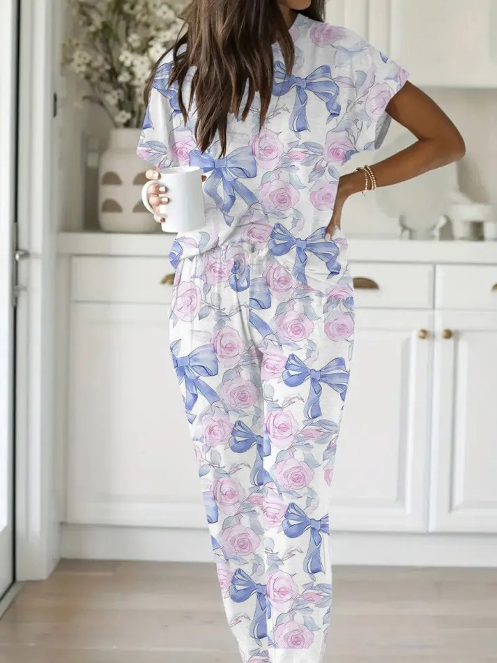 Women's Bow Flower Pattern Round Neck Short Sleeve Pants Suit