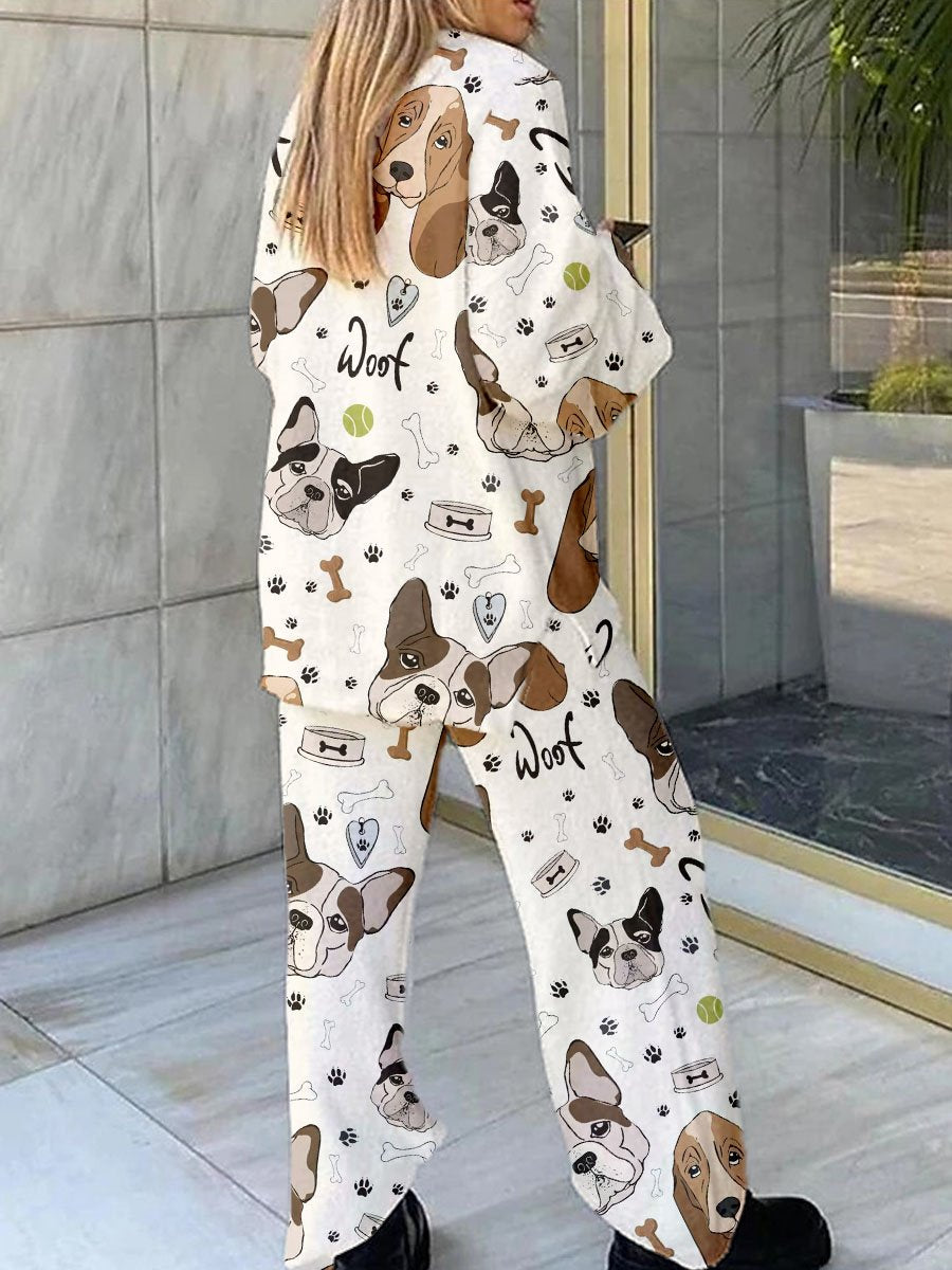 Women's Cute Dog Text Polka Dot Print V-Neck Polar Fleece Suit