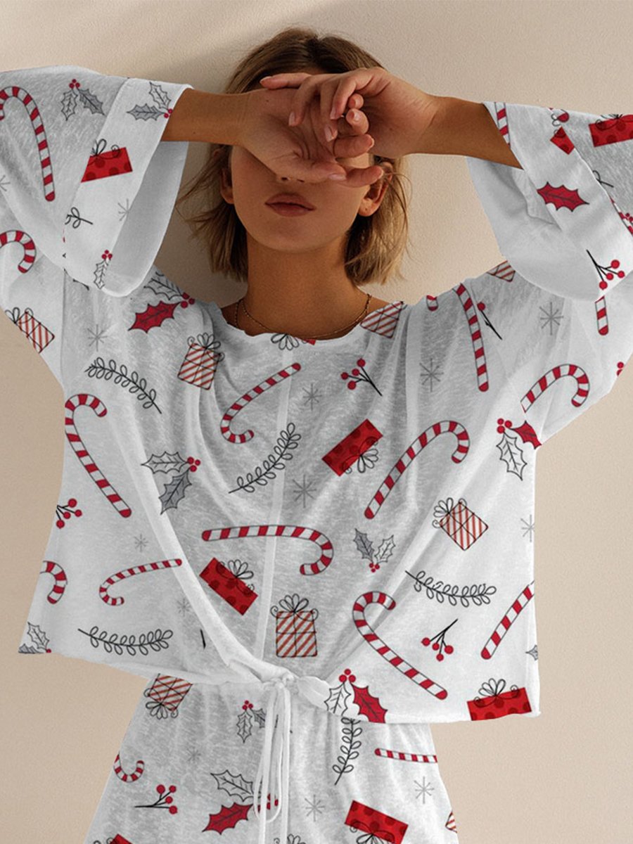 Women's Christmas Candy Cane Gift Box Pattern Long Sleeve Shorts Set