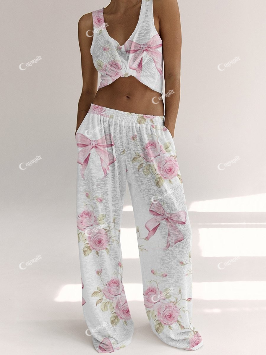 Ladies Pink Bow Flower Lounge Suit