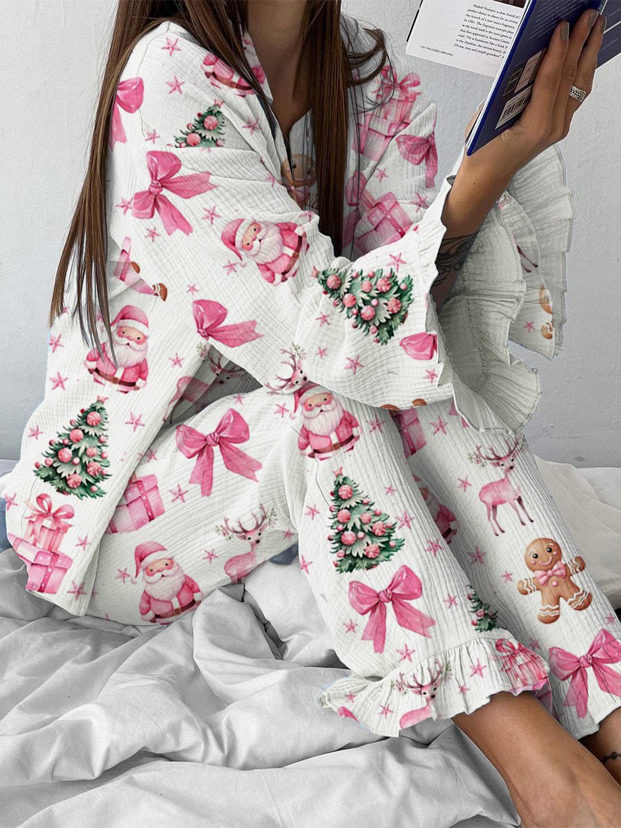 Women's Pink Christmas Bow Printed Long Sleeve Home Suit