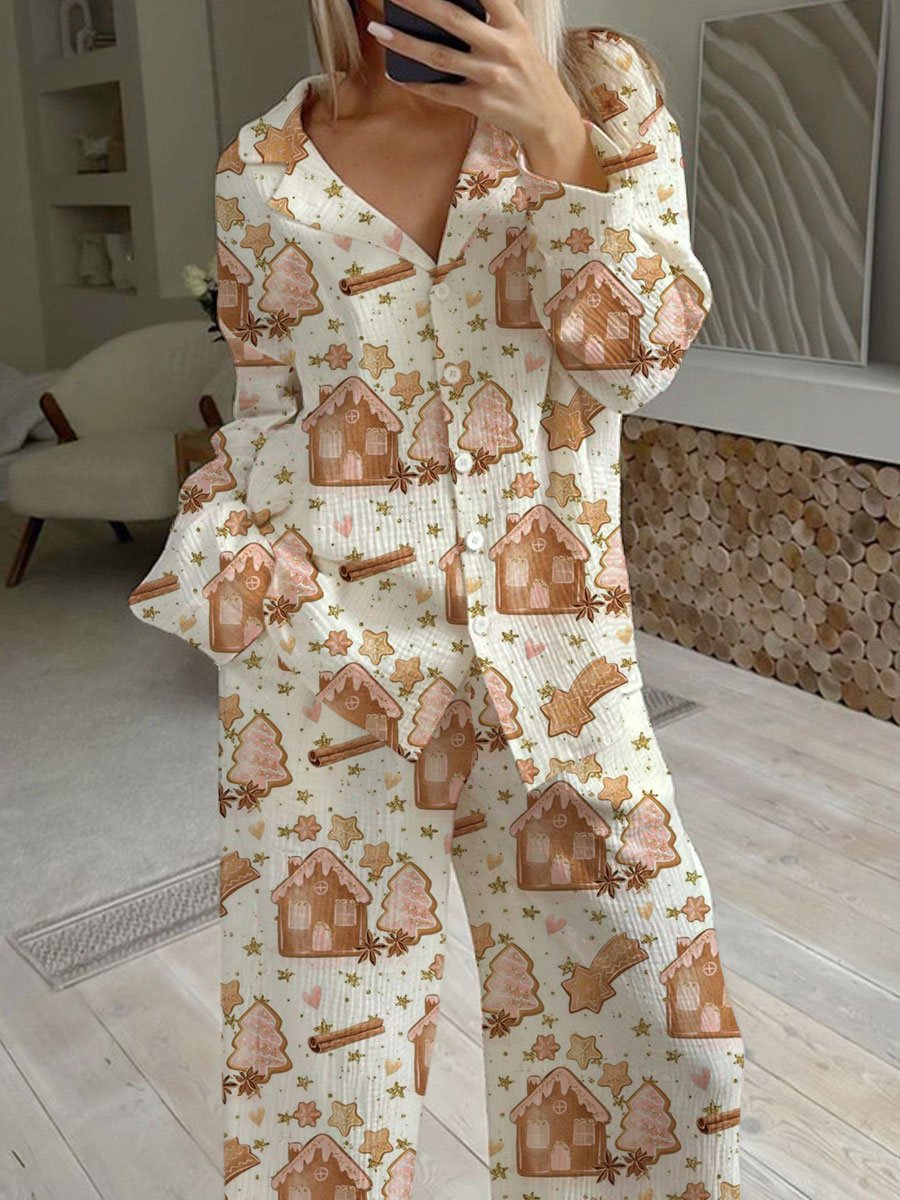 Women's Christmas Gingerbread House Pattern Long Sleeve Pants Set