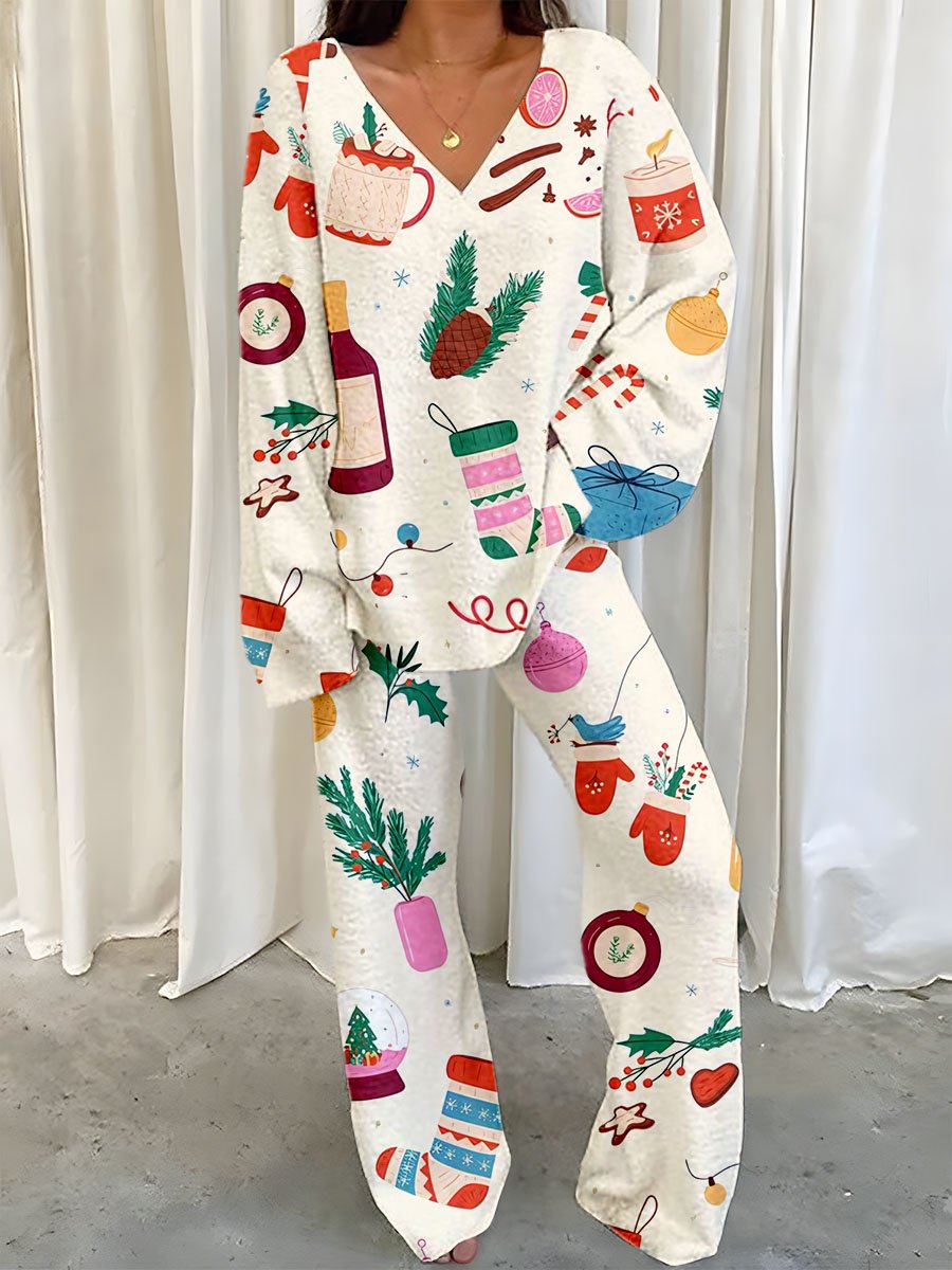 Women's Simple Christmas Elements Printed Polar Fleece Suit