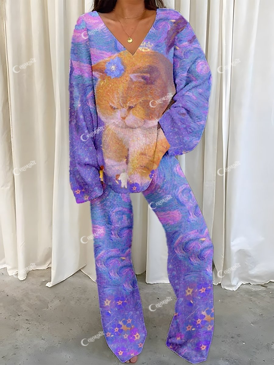 Women's Purple Cat Oil Painting Printed Fleece Suit