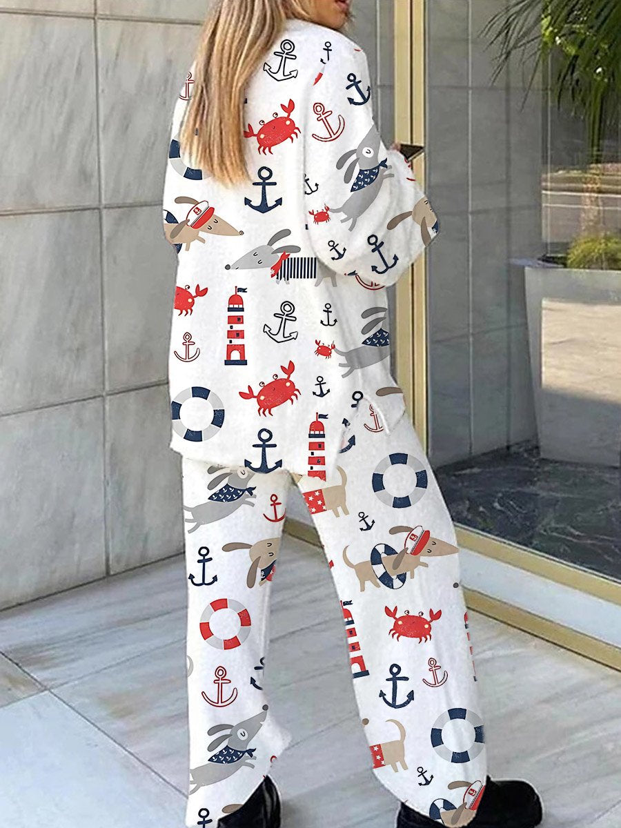 Women's Nautical Puppy Print V-Neck Suit