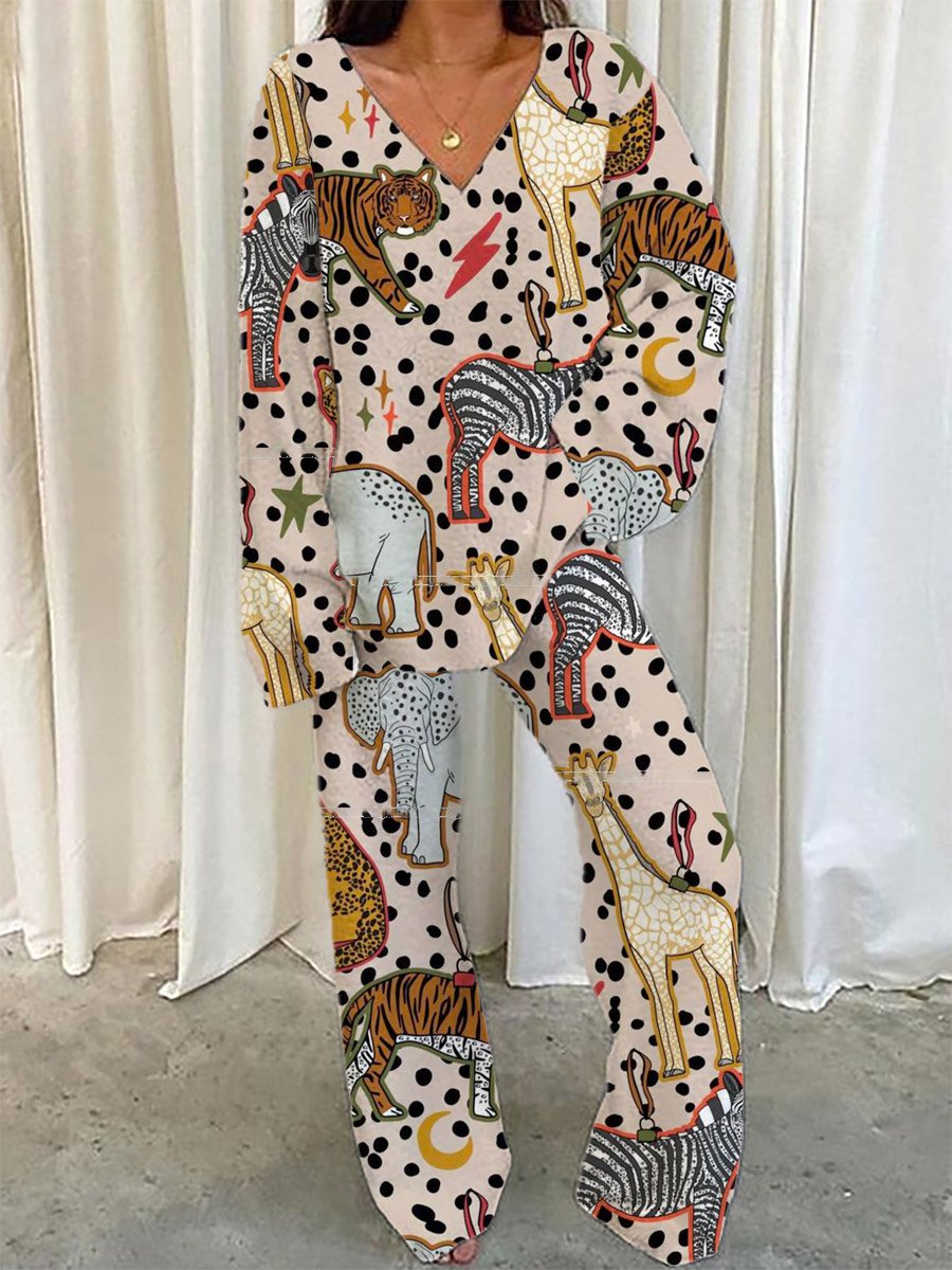 Women's Brown Polka Dot Animal Print Home Long Sleeve Suit