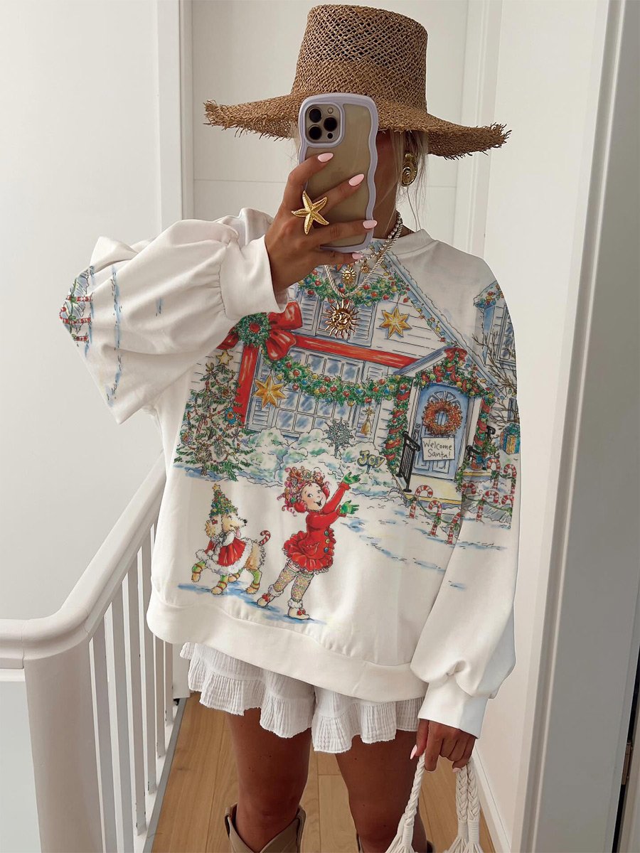 Women's Christmas Snow Fairy Tale Print Home Long Sleeve Sweater