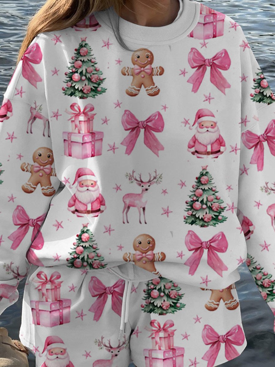 Women's Pink Christmas Print Long Sleeve Lounge Set