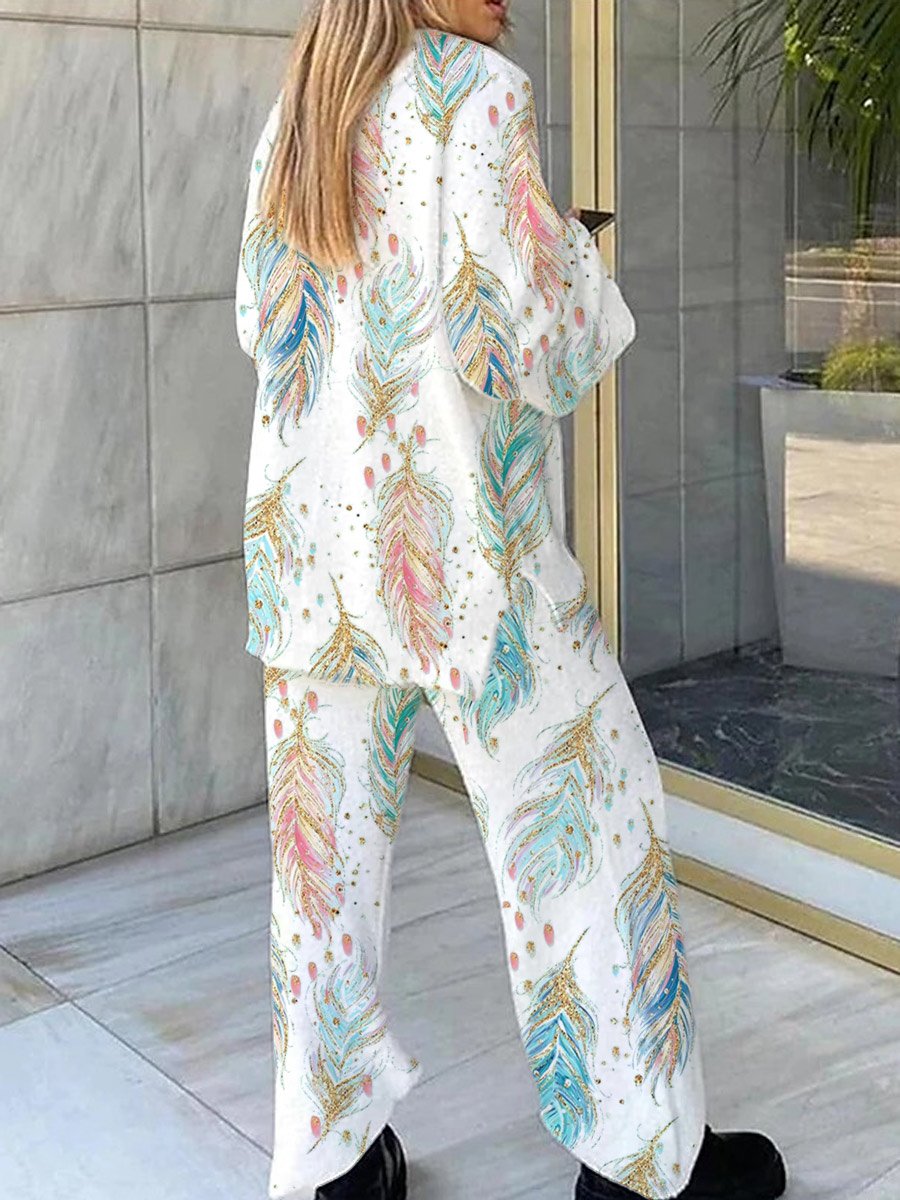 Women's Colorful Feather Printed Long Sleeve Home Suit