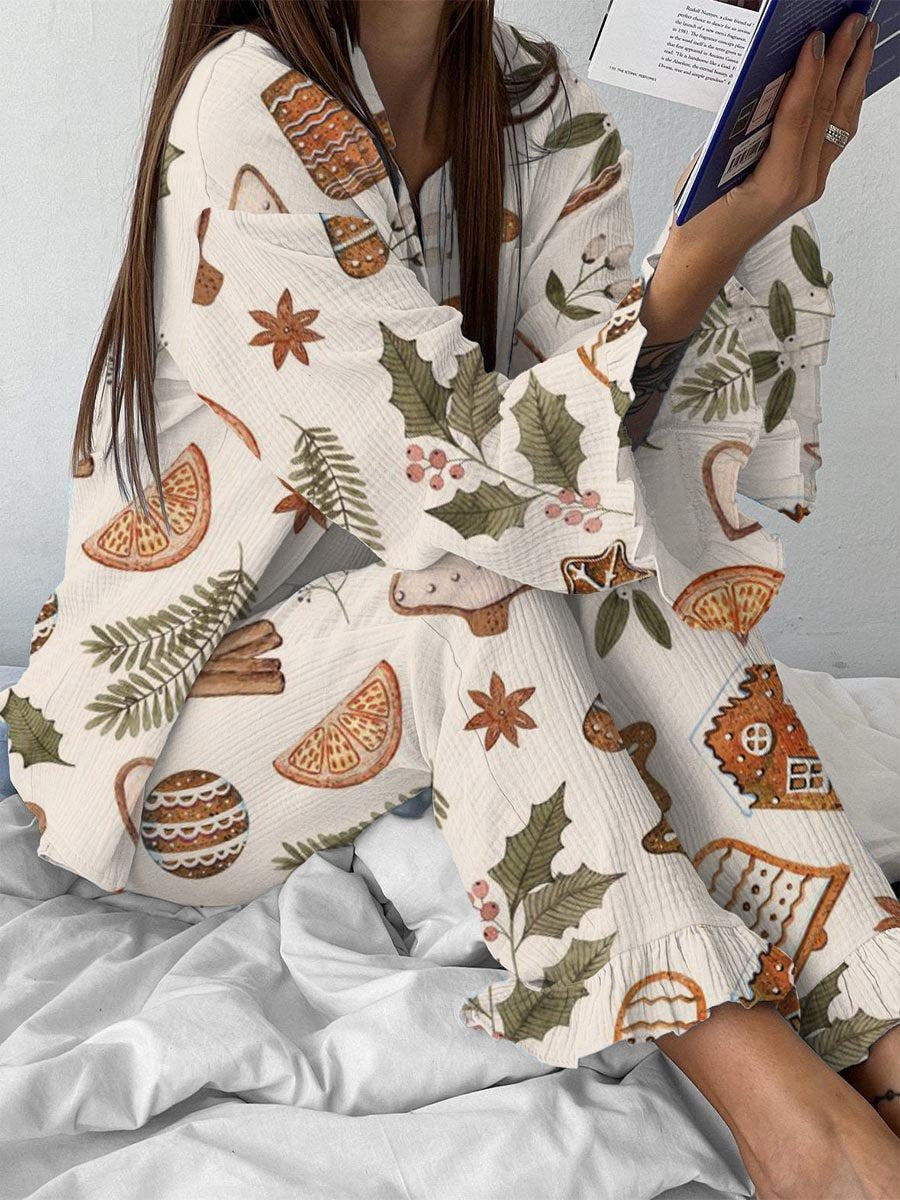 Women's Christmas Gingerbread Pinecone Print Linen Cotton Suit