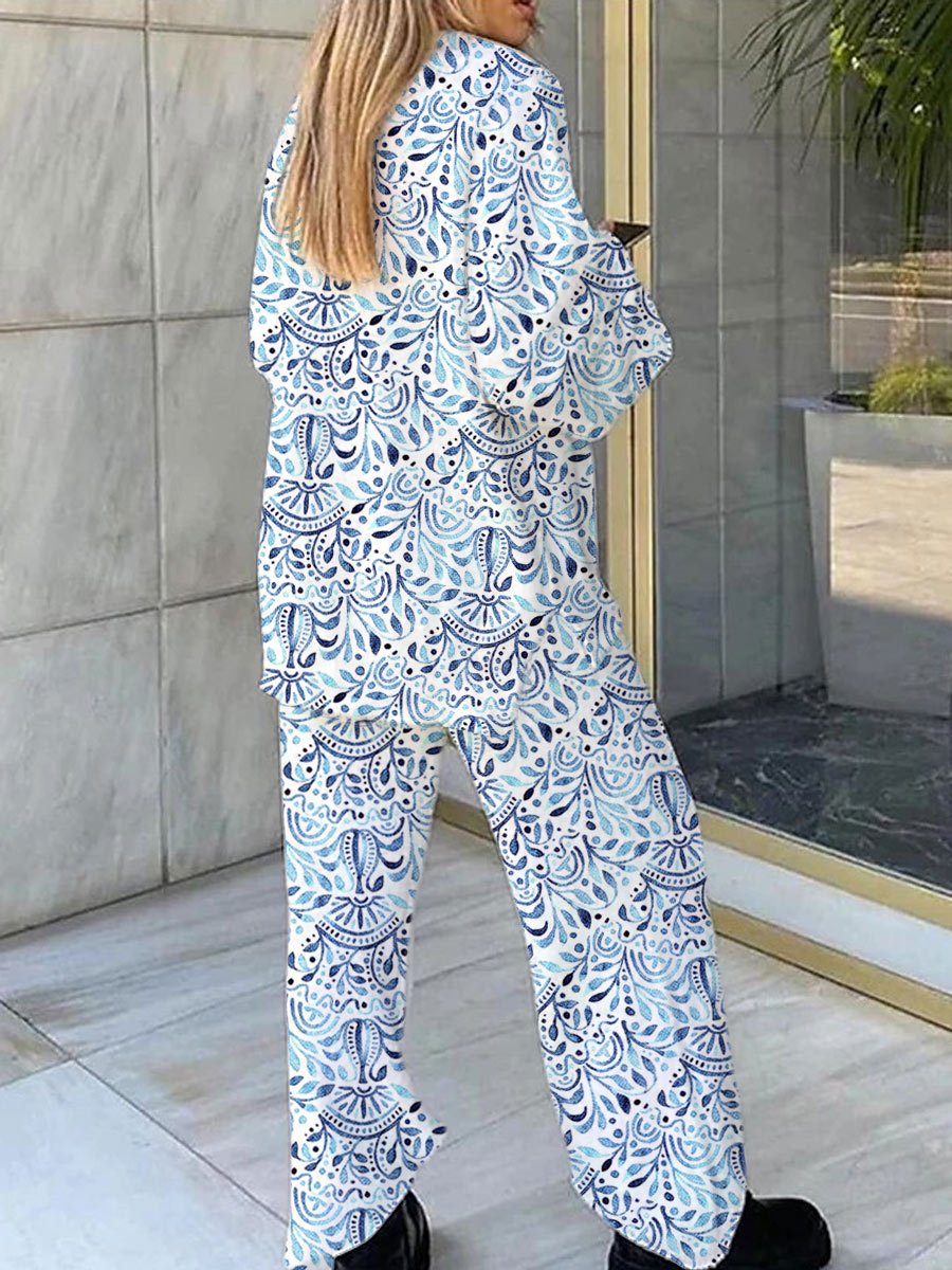 Women's Blue Bohemian Art Painting Printed Home Long Sleeve Suit