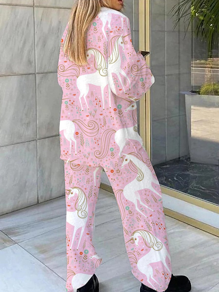 Women's Pink Art Painting Unicorn Print Home Long Sleeve Suit