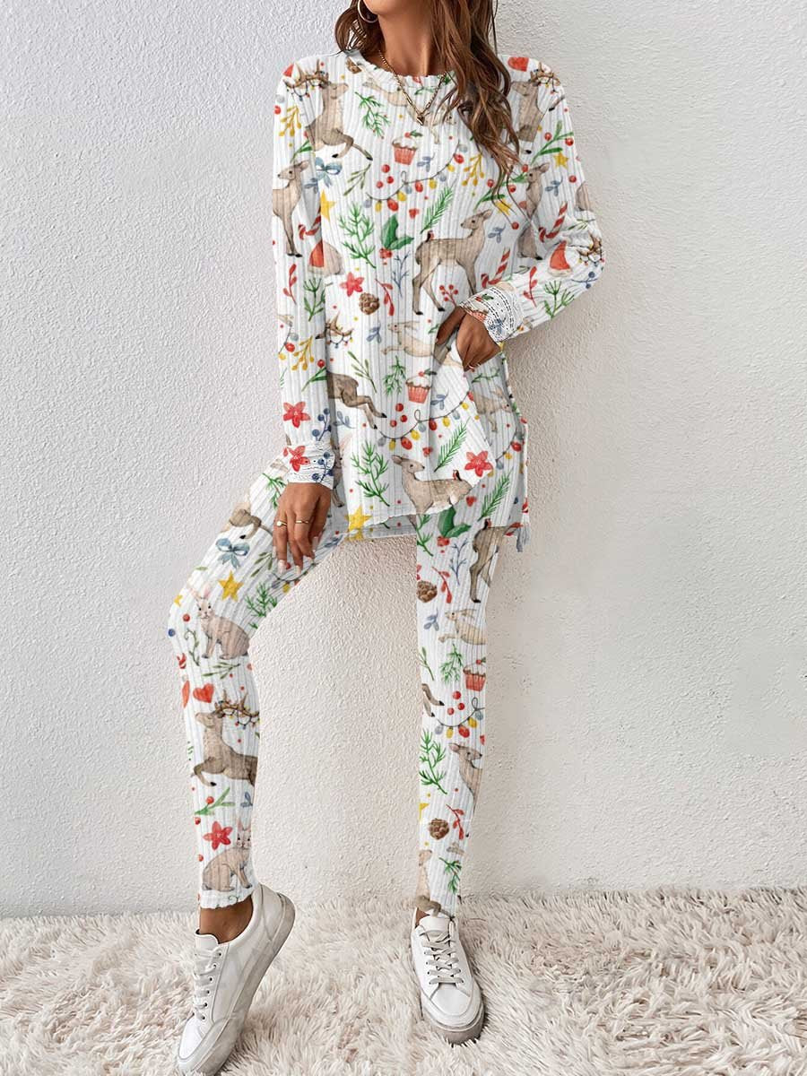 Women's Christmas Elk Graphic Knitted Crew Neck Long Sleeve Suit