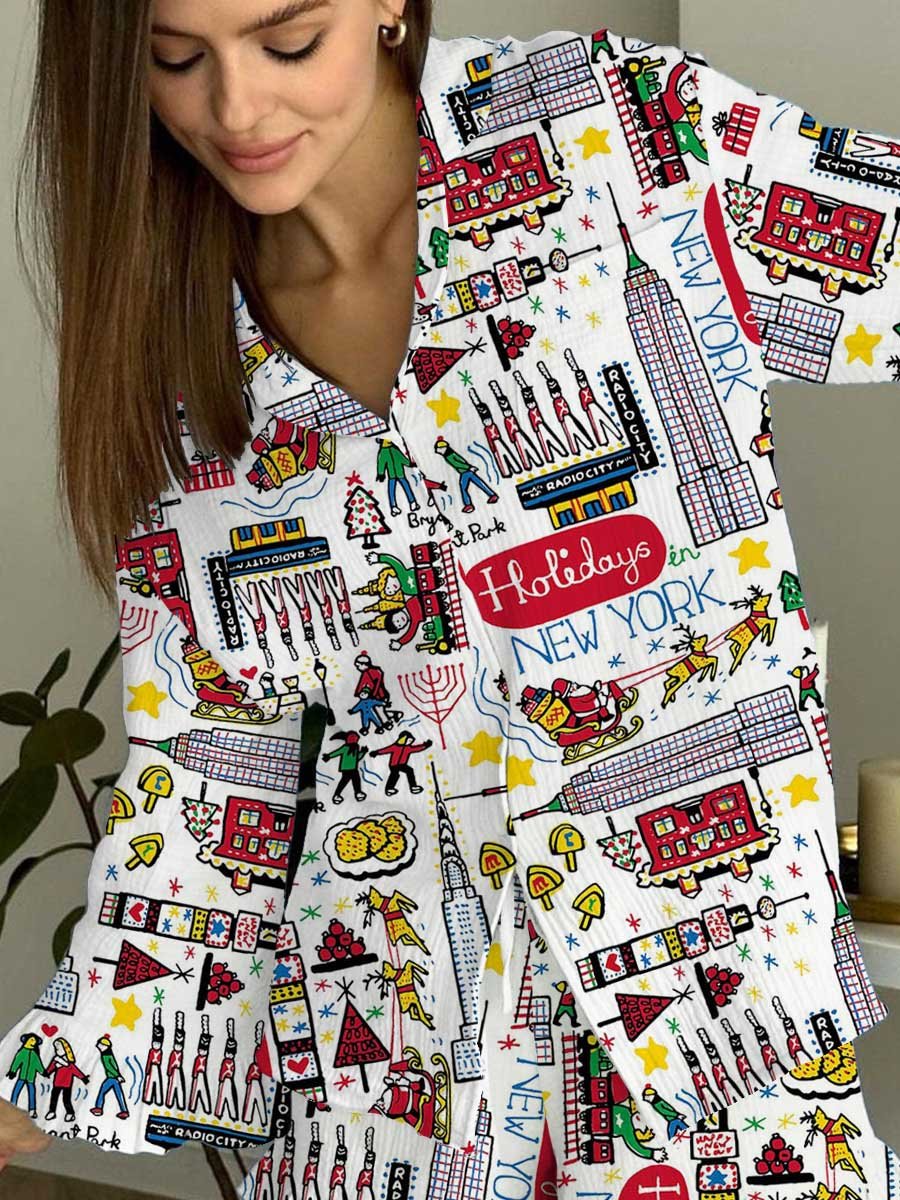 Women's Christmas New York Holiday Print Ruffles Homewear Set