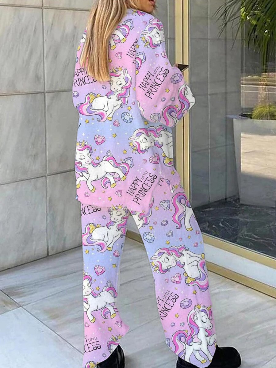 Women's Colorful Unicorn Pattern V-Neck Long Sleeve Pants Set
