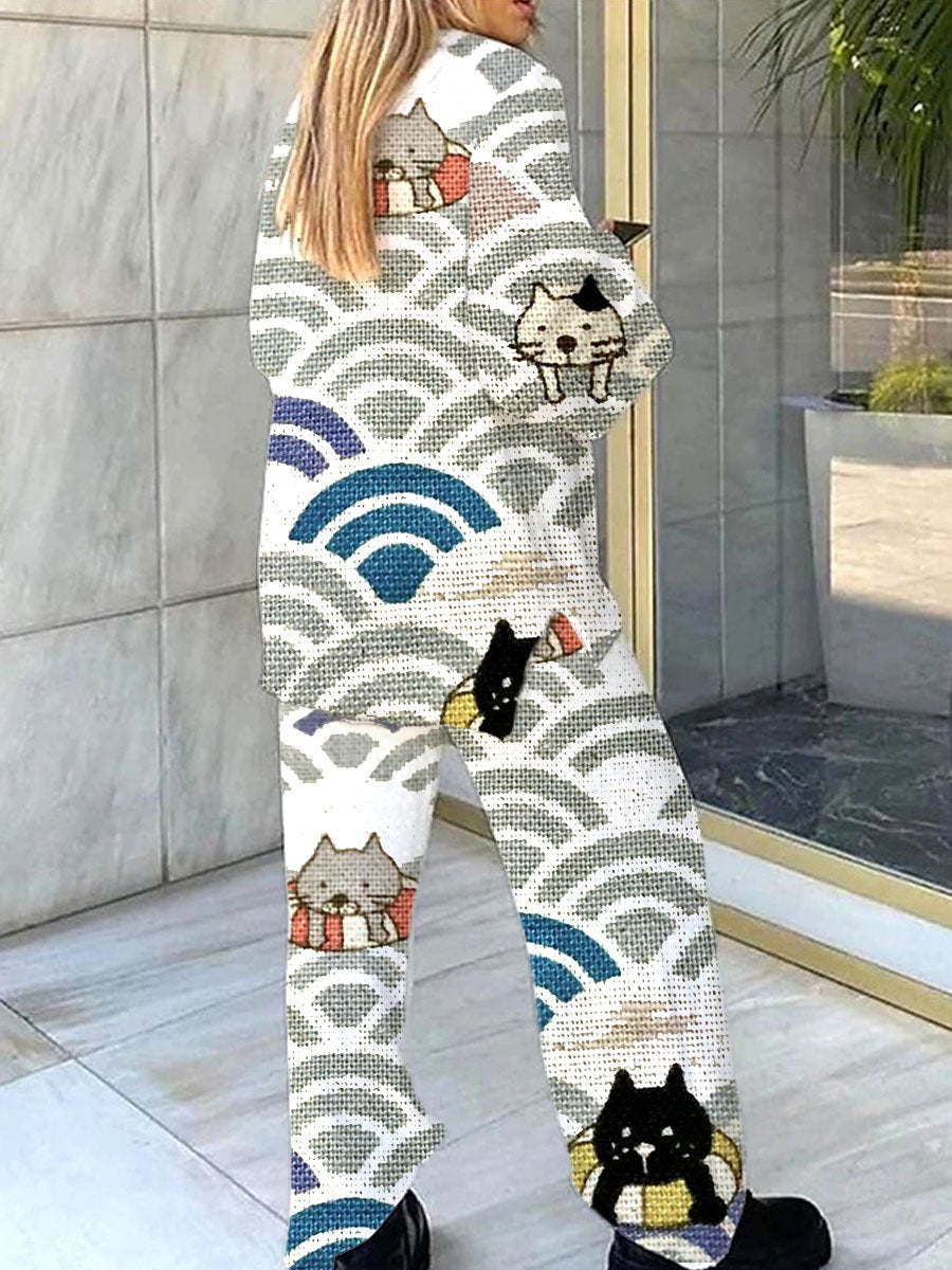 Women's Cute Cat Swimming Polar Fleece Pajama Set