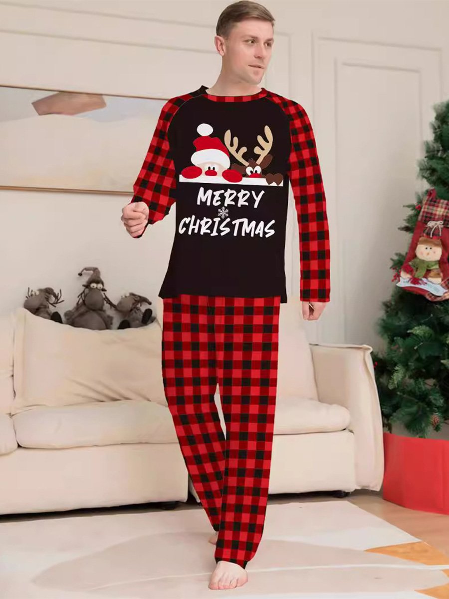 Christmas Letter Plaid Printed Family Home Clothes Pajamas Set